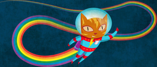 A flying cat in a space suit with a badge of the trans flag, leaving a rainbow trail.