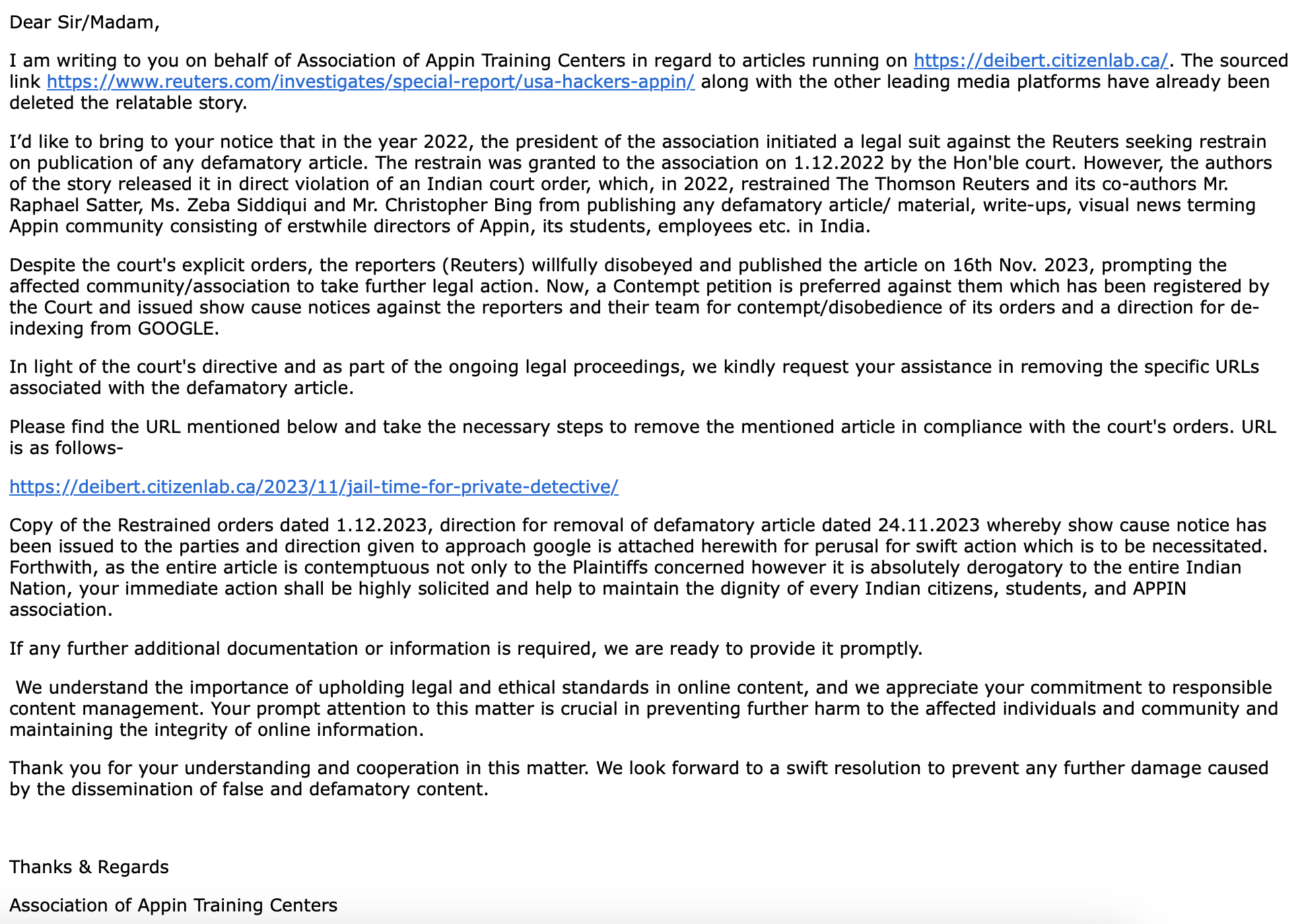 A letter from the association of appin training centers to citizenlab asking the latter to take down their story .