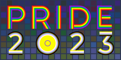 Text "Pride 2023" over a pixel grid. "Pride" rainbow flag, 2023 black brown trans and intersex flags
