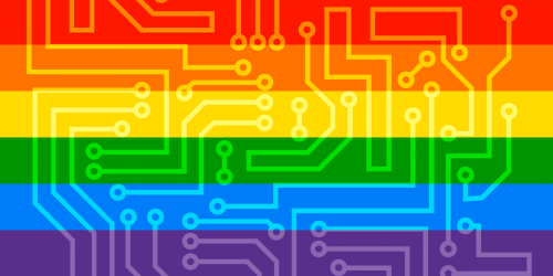 Rainbow Pride Flag with circuit board texture