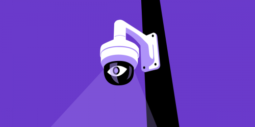 a surveillance camera on a pole, purple background