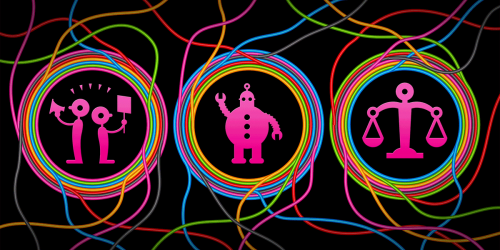 Icons for activism, technology, and litigation with colorful, messy wires